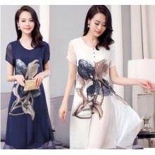 2016夏新款复古印花短袖真丝连衣裙假两件修身气质桑蚕丝连衣裙